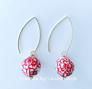 Chinoiserie Red Peony Wire Drop Earrings