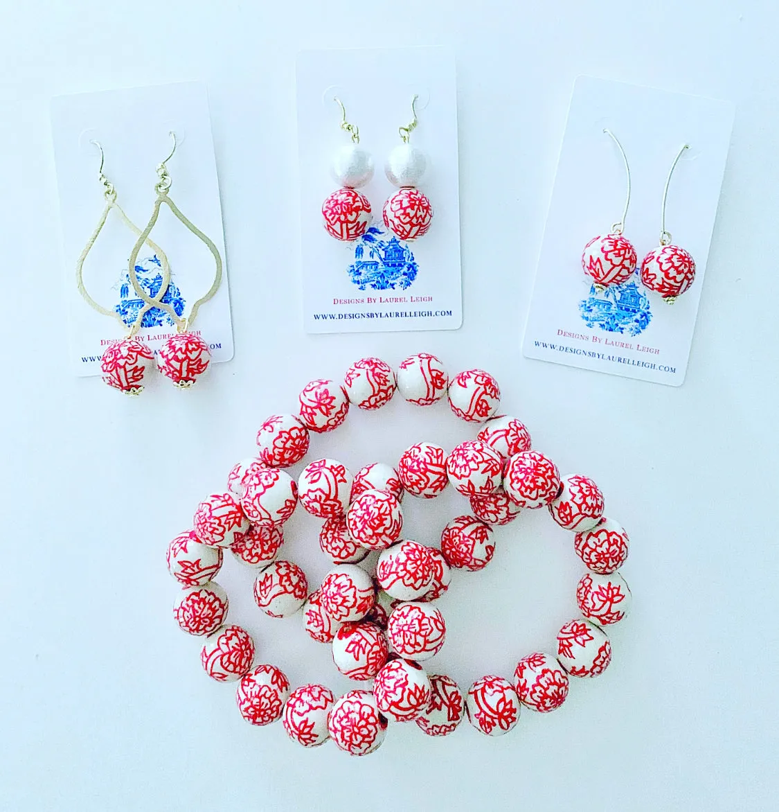 Chinoiserie Red Peony Wire Drop Earrings