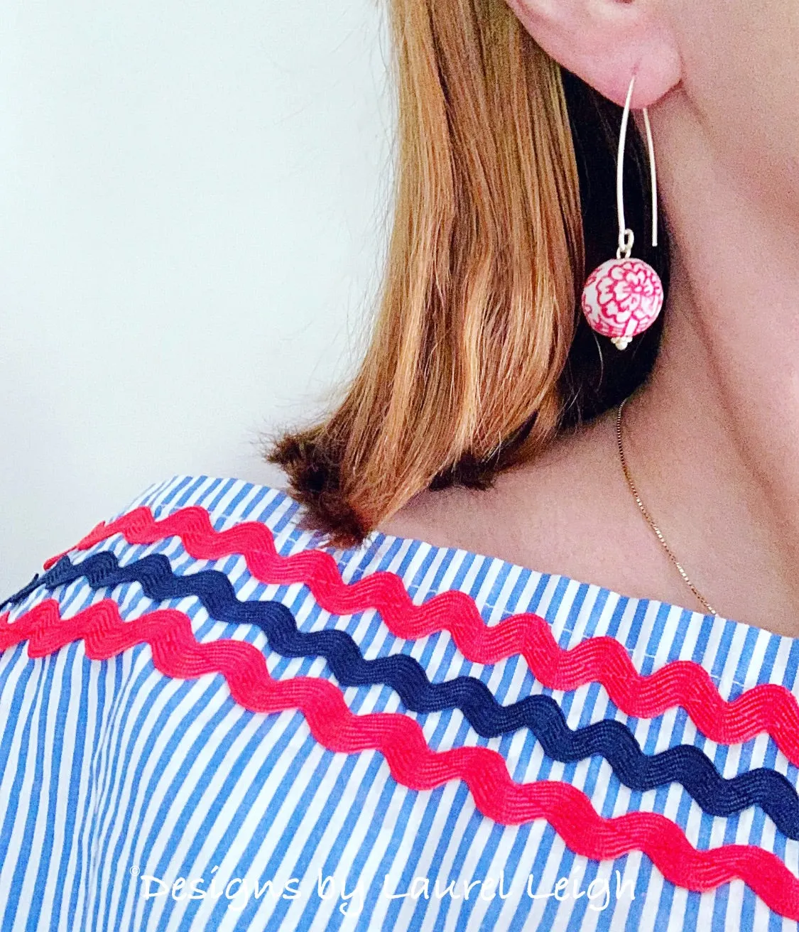 Chinoiserie Red Peony Wire Drop Earrings