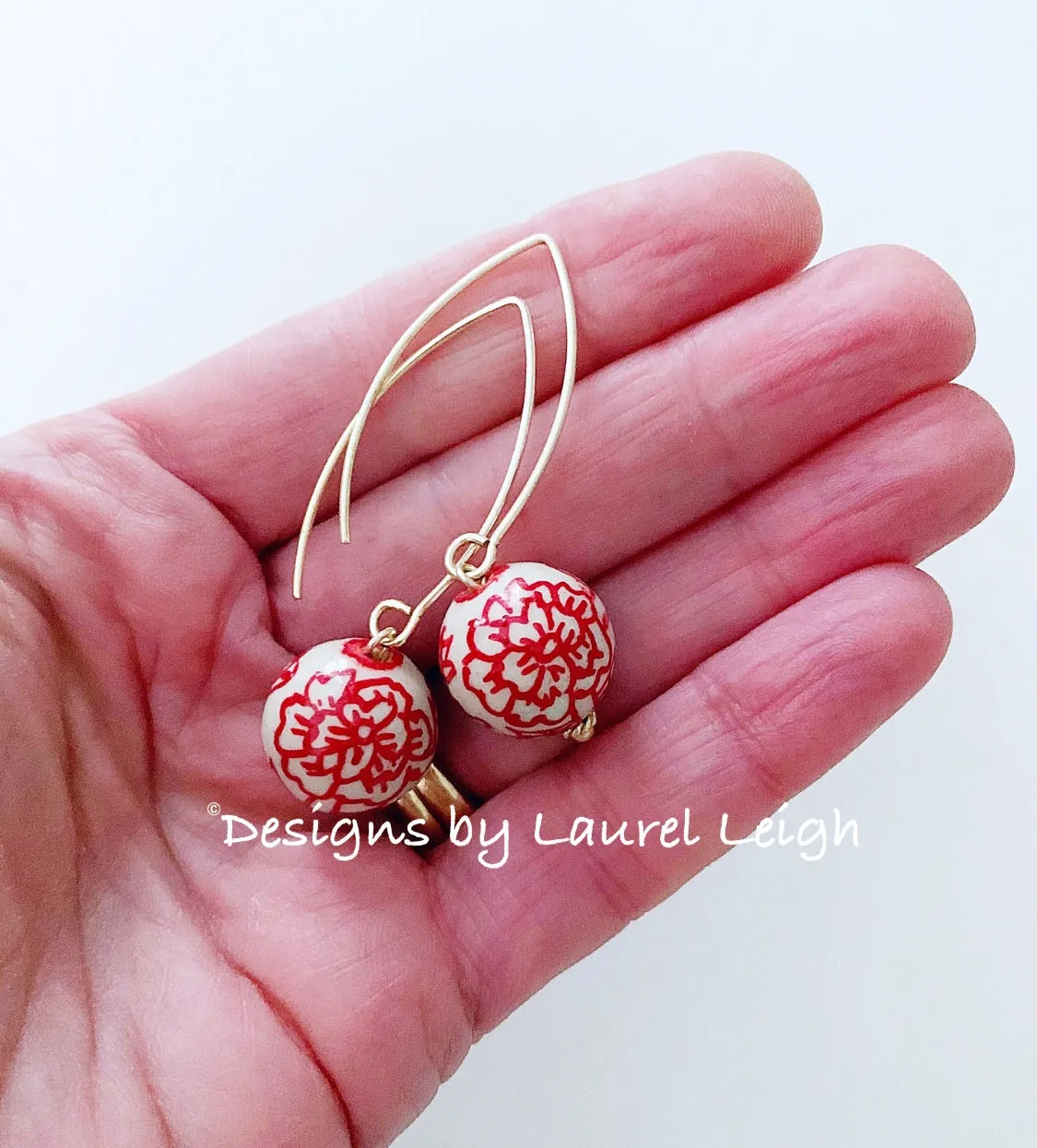 Chinoiserie Red Peony Wire Drop Earrings