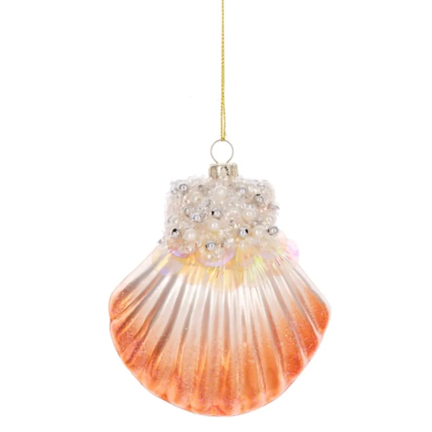 Coral & White Beaded Sea Shell Glass Ornament