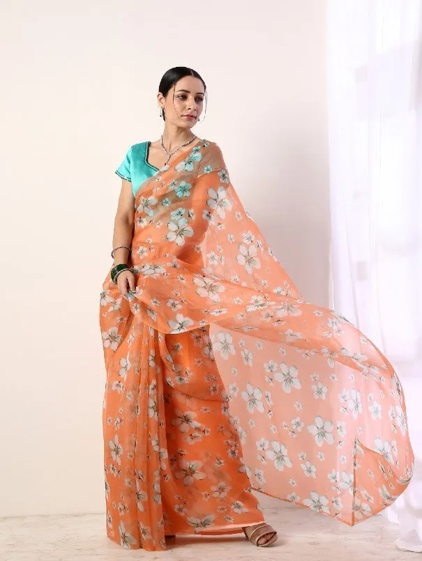 Coral Printed Organza Saree With Teal Blouse (Set of 2)