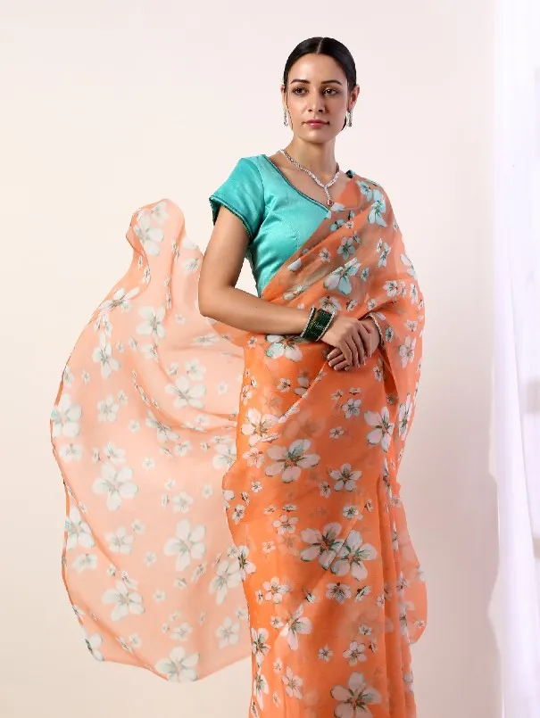 Coral Printed Organza Saree With Teal Blouse (Set of 2)