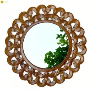 Craft Tree n' Decor Wooden Carved Mirror Decorative Round Wall Mirror Frame Wall Decor for Dressing Bedroom Living Room Hallway Antique Handcrafted Mirror (Antique Brown)