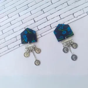 Dark Blue Floral Printed Chain Earrings for Women