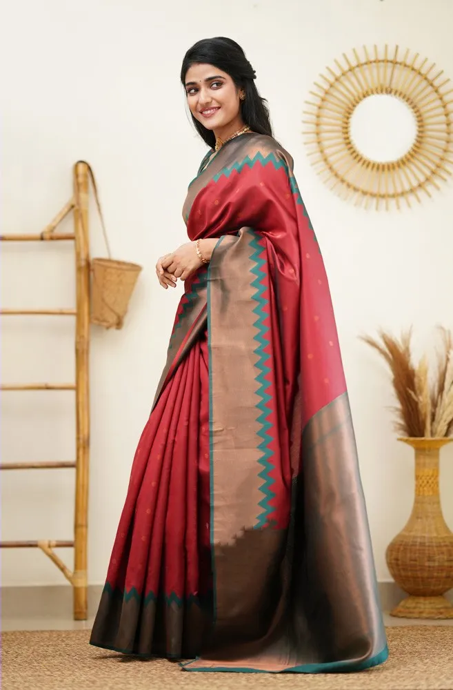 Demesne Maroon Soft Silk Saree with Eloquence Blouse Piece