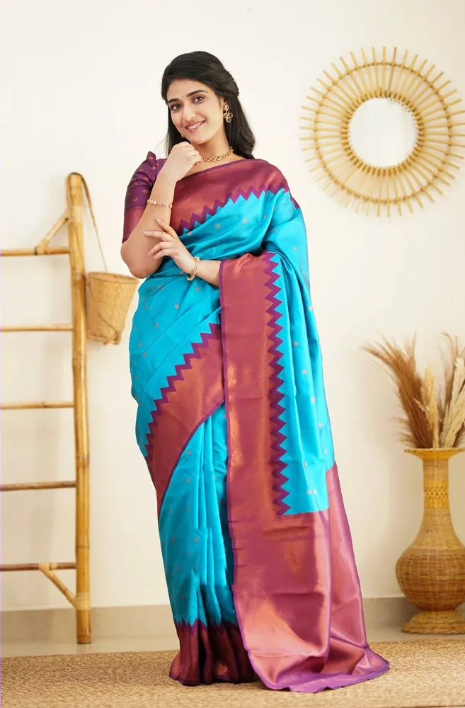 Designer Firozi Soft Silk Saree with Prominent Blouse Piece