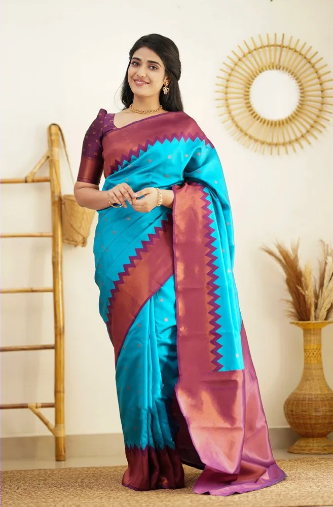 Designer Firozi Soft Silk Saree with Prominent Blouse Piece