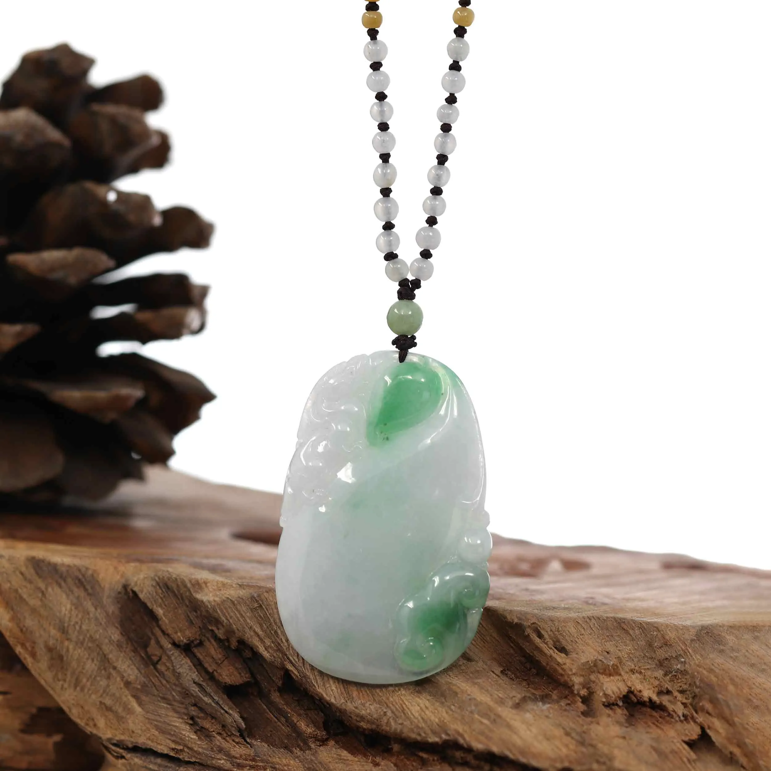 Genuine Green Jadeite Jade "Longevity peach with lucky Pixiu Accent" Pendant Necklace With Real Jadeite Bead Necklace