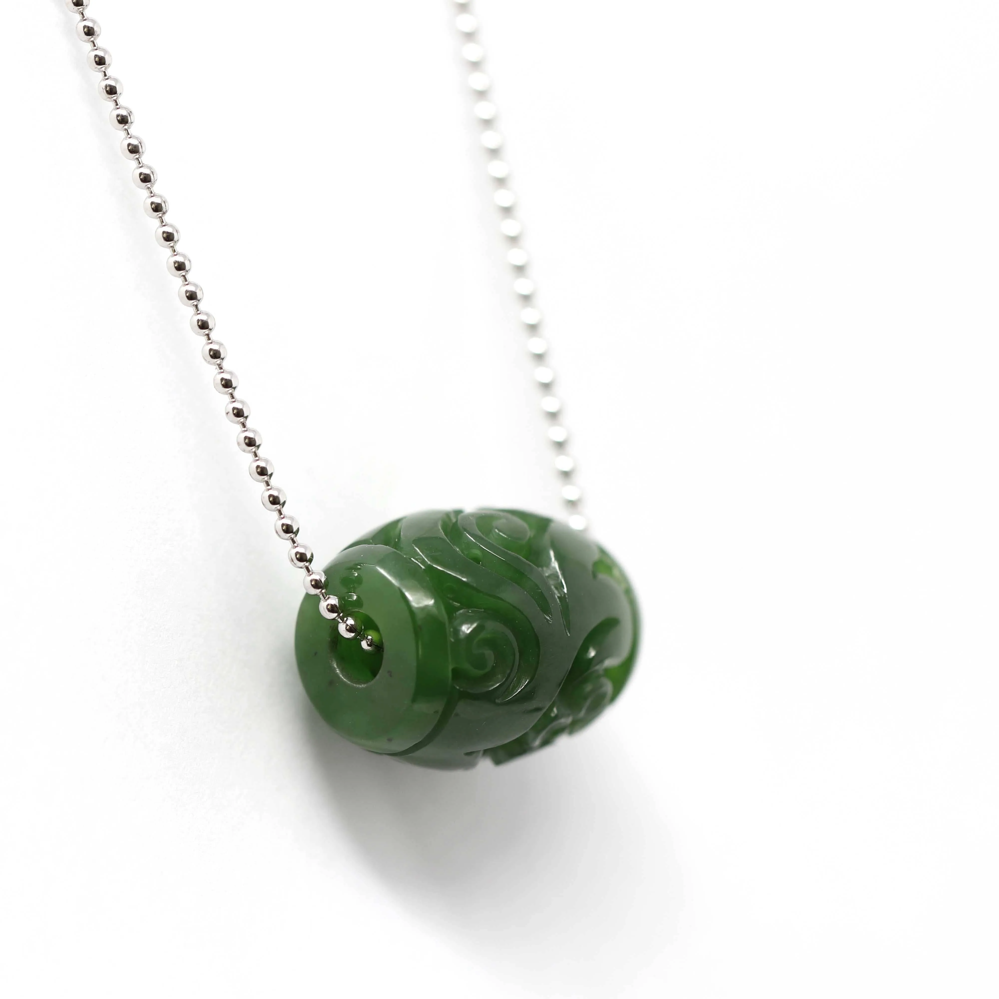 Genuine HeTian Nephrite Green Jade Lucky Bead Pendant Necklace With Flower Pattern