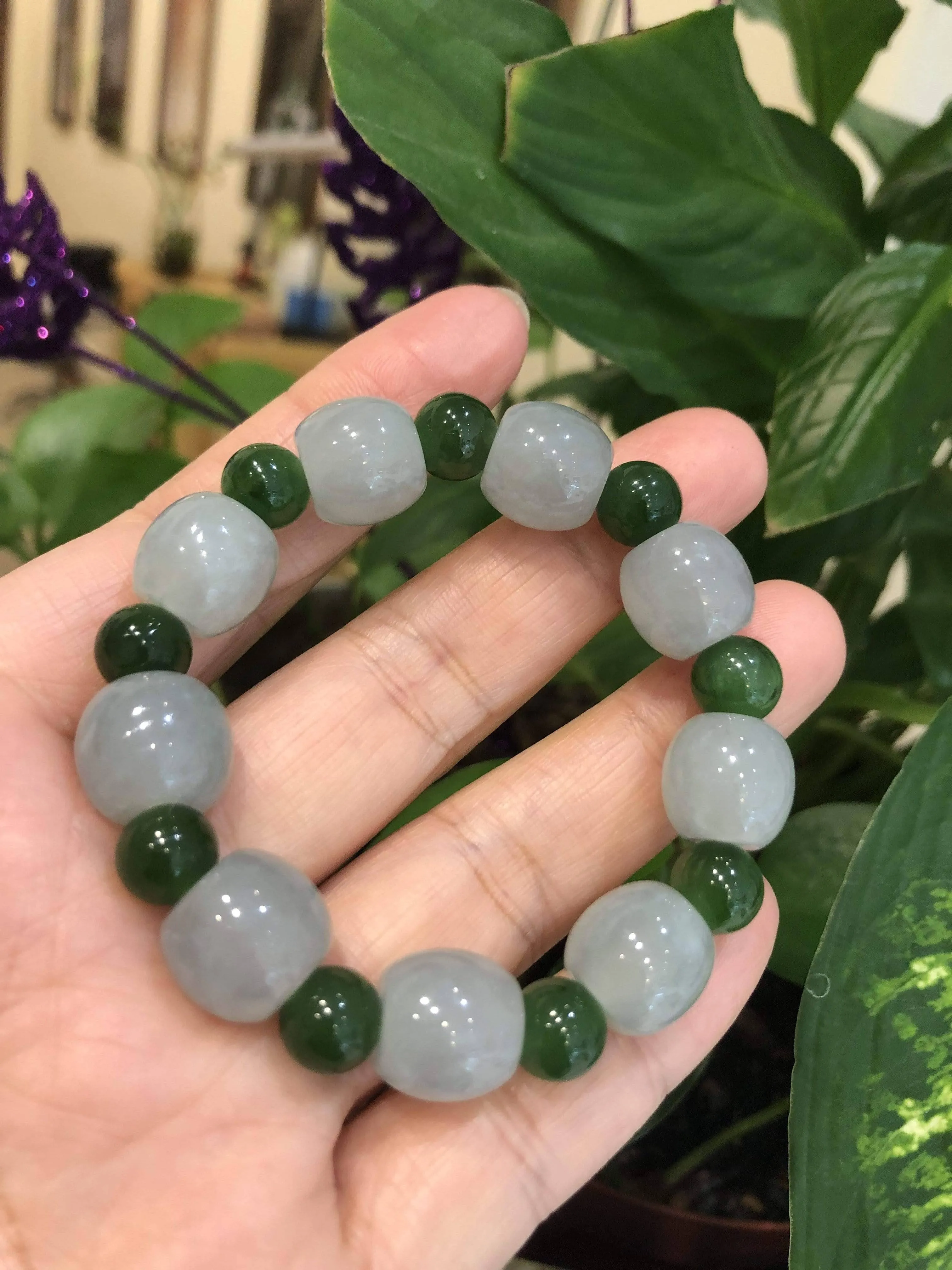 Genuine Ice Jadeite Jade Nuggets Beads Bracelet with Green Jade