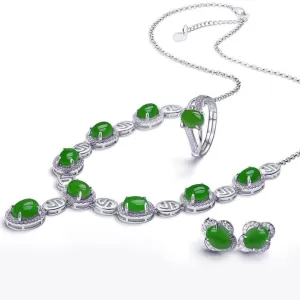 Genuine Nephrite Green Jade Sterling Silver Matching Set