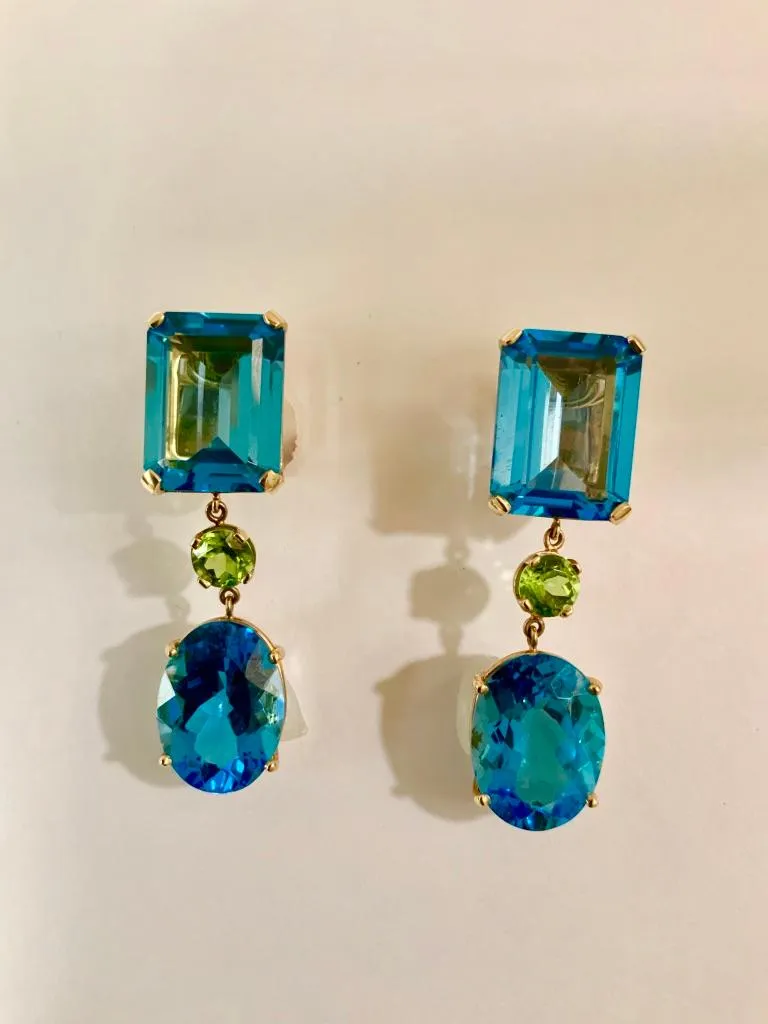 Geometric Blue Topaz and Peridot Drop Earring