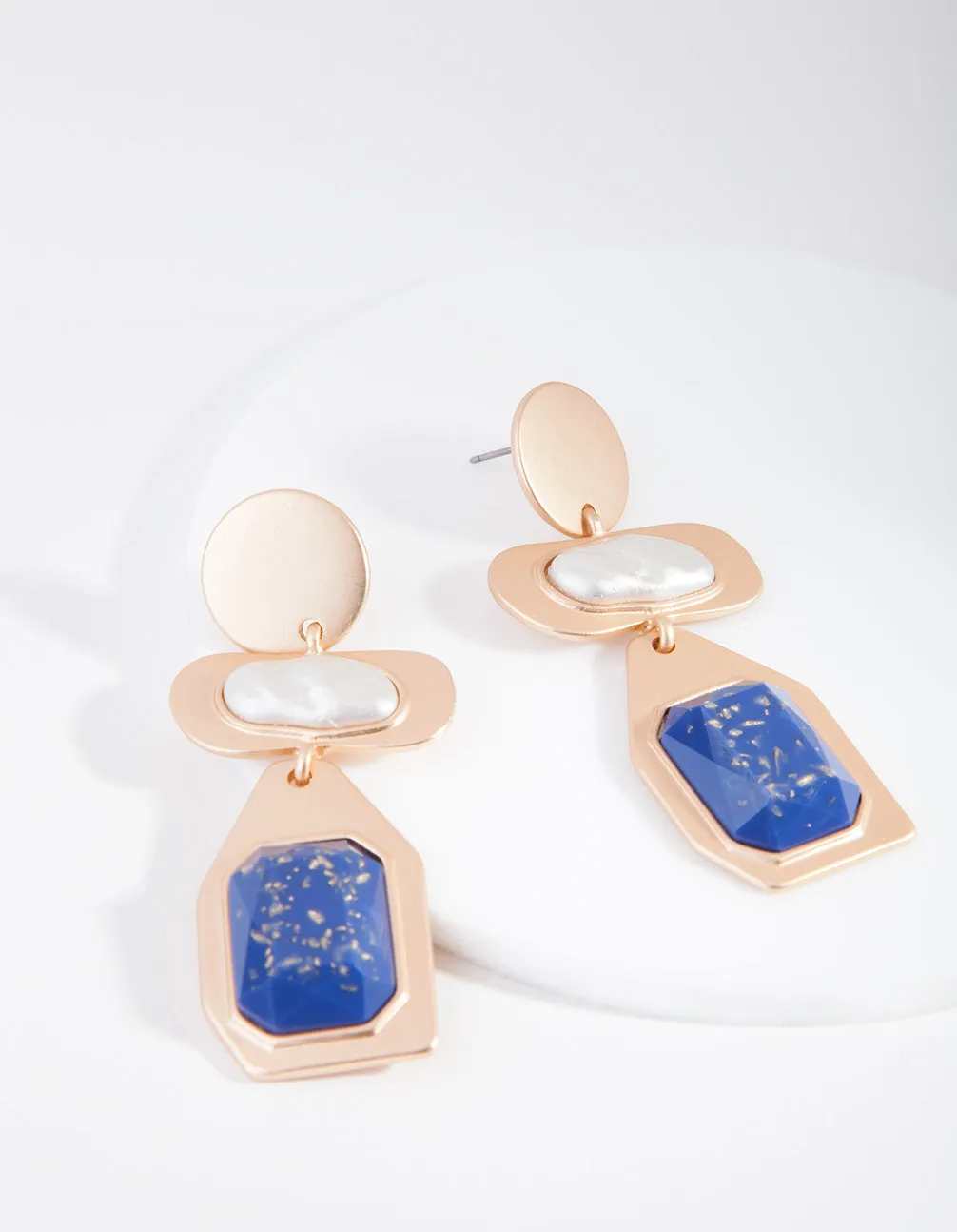 Gold Blue Marble and Pearl Drop Earring