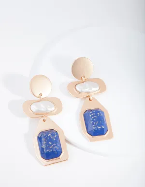 Gold Blue Marble and Pearl Drop Earring