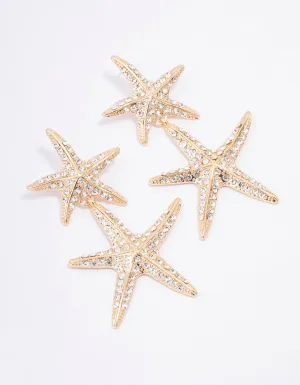 Gold Double Diamante Starfish Drop Earrings