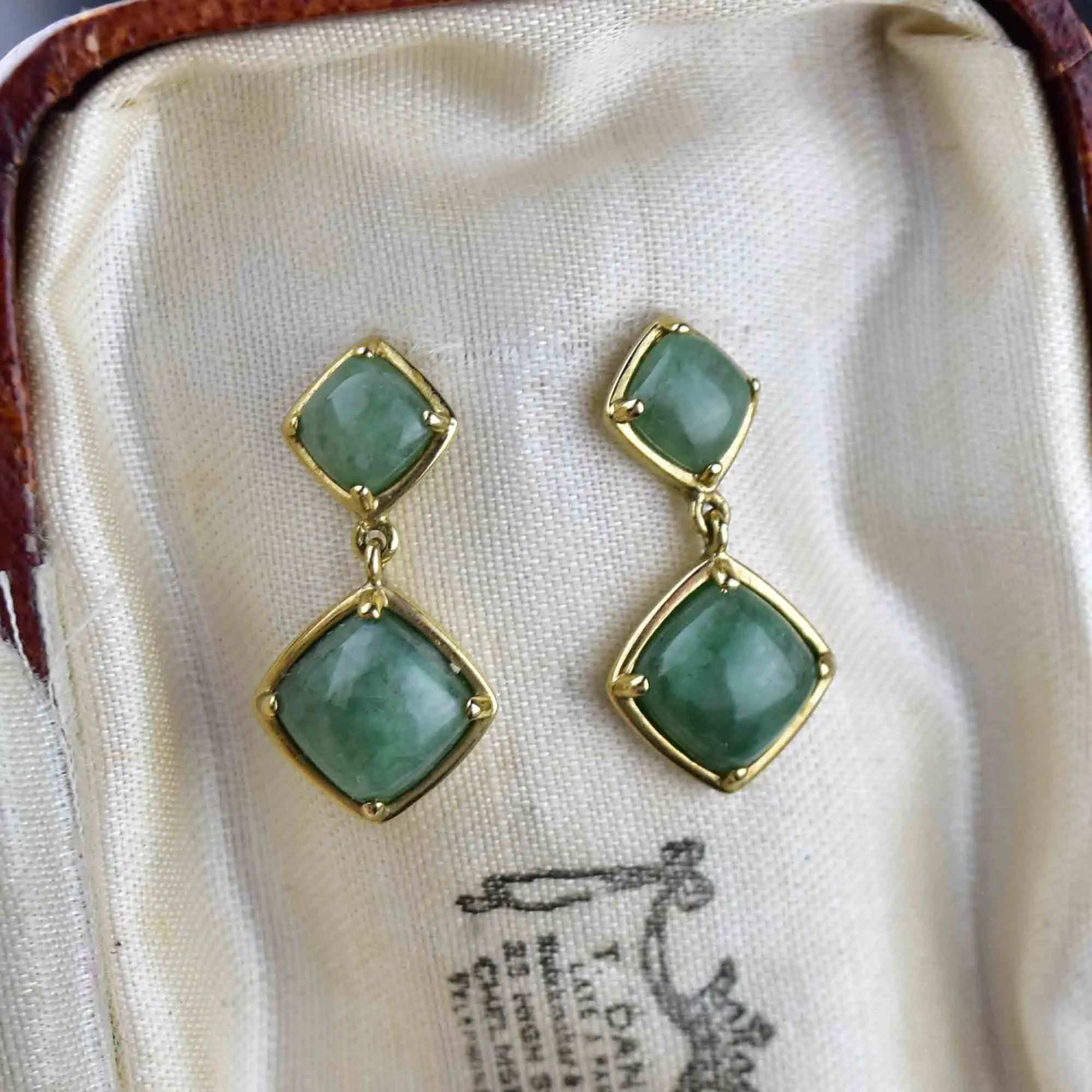 Gold Natural Jade Cabochon Geometric Drop Earrings