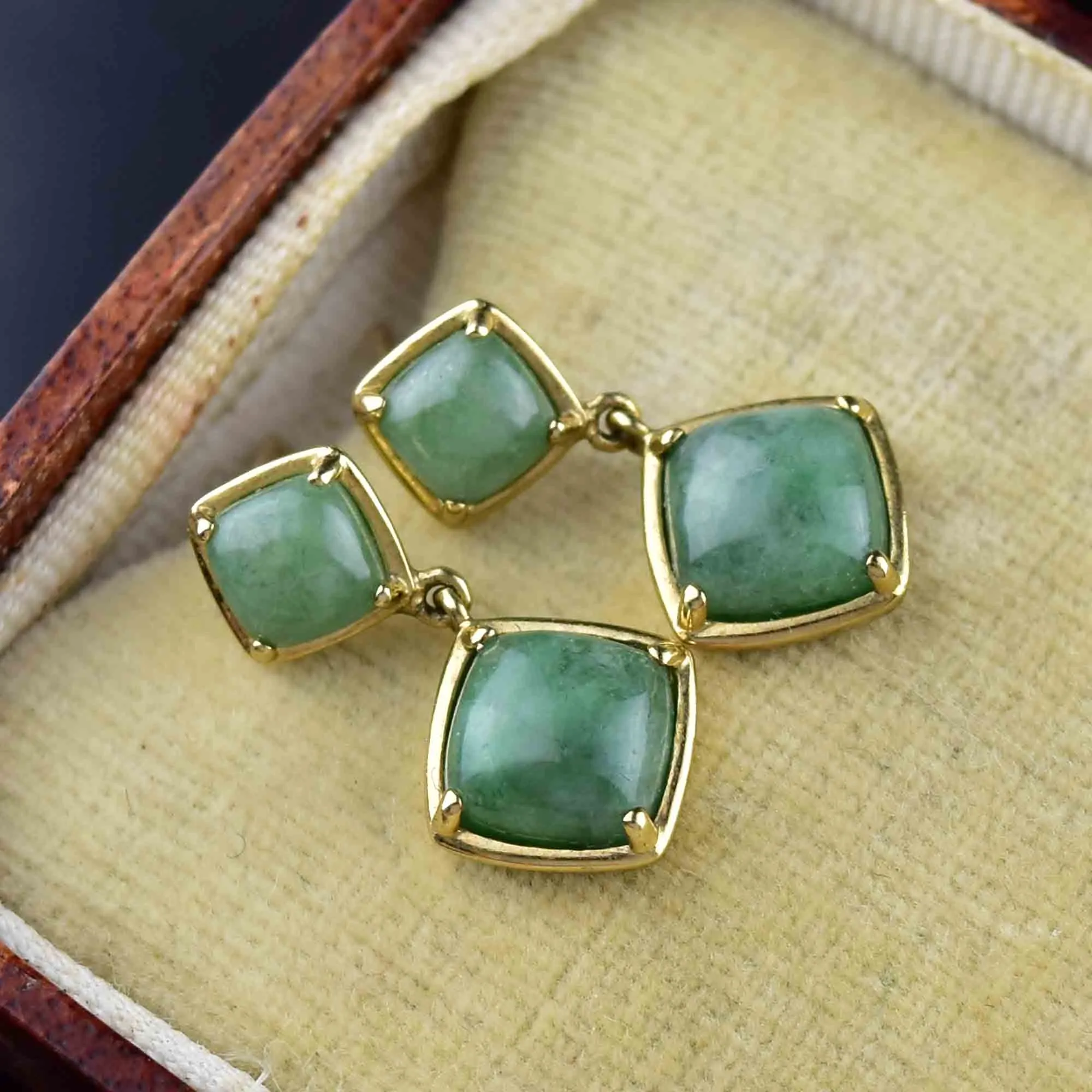 Gold Natural Jade Cabochon Geometric Drop Earrings