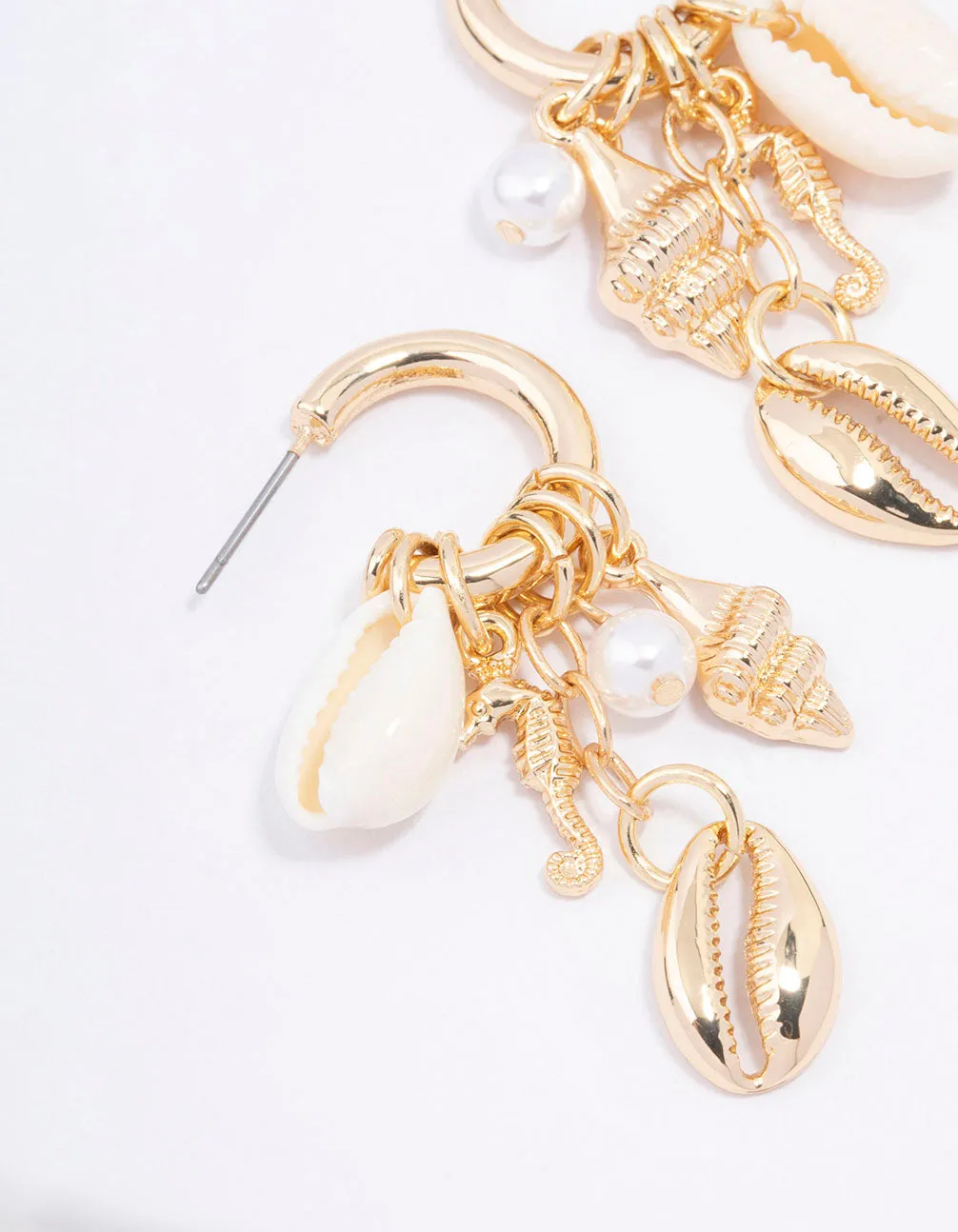 Gold Shell Pearl Charm Hoop Earrings