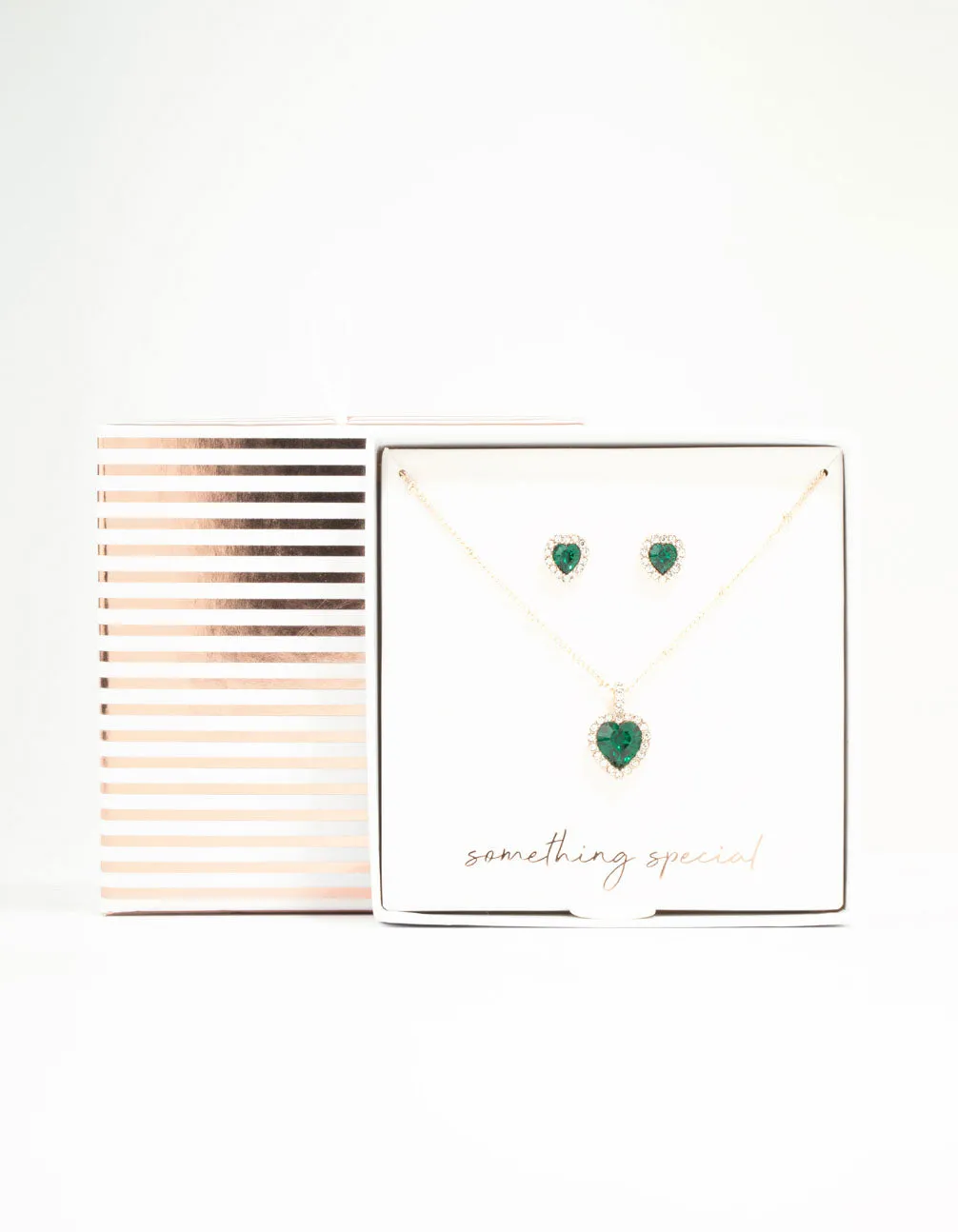 Green Diamante Heart Necklace & Stud Earrings Set