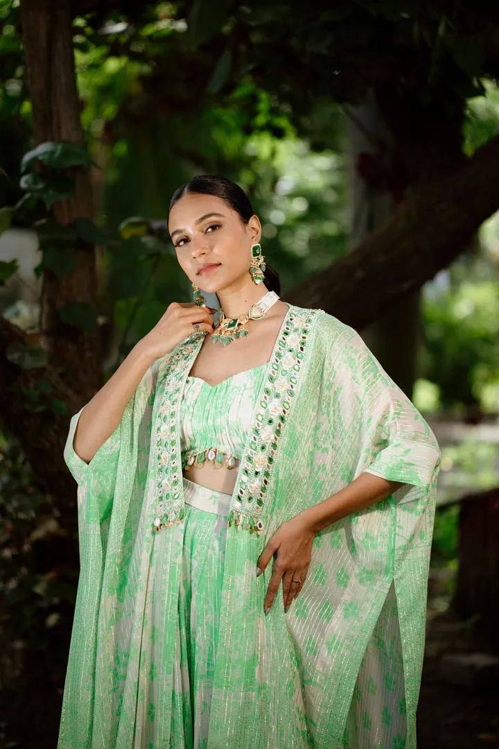 Green Viscose Georgette Digital Printed & Embroidered Jacket Set