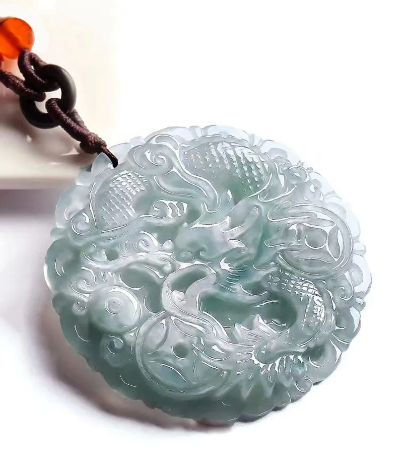 Hand Carved Round Natural Ice Jadeite Jade Chinese Dragon Pendant Necklace