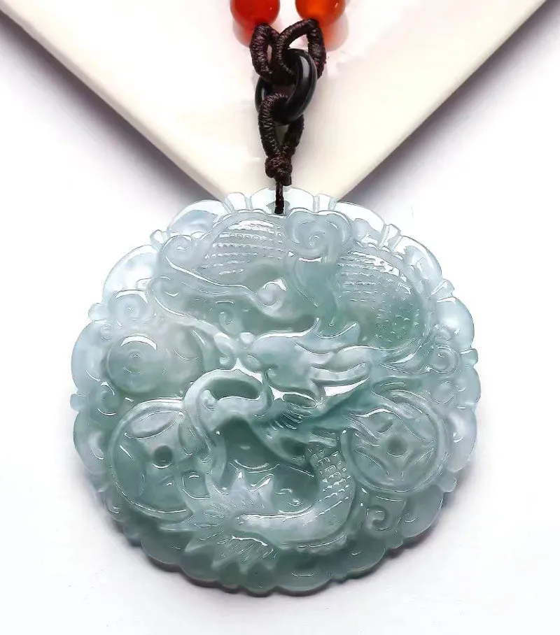 Hand Carved Round Natural Ice Jadeite Jade Chinese Dragon Pendant Necklace