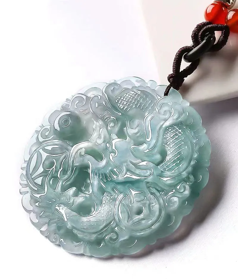 Hand Carved Round Natural Ice Jadeite Jade Chinese Dragon Pendant Necklace