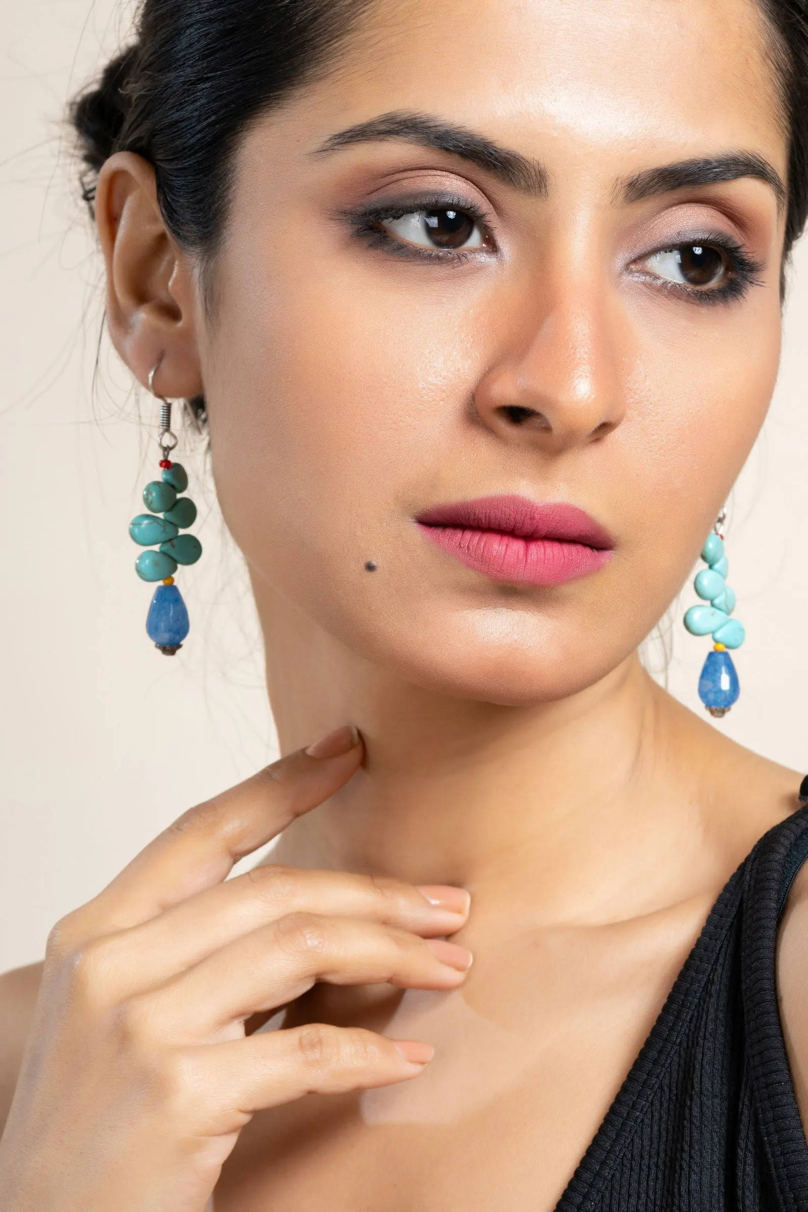 Handmade Turquoise Onyx Drop Earrings with Unique Semi-Precious Gemstones for Women