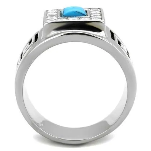 High polished (no plating) Stainless Steel Ring with Synthetic Turquoise in Sea Blue for Women Style TK2053