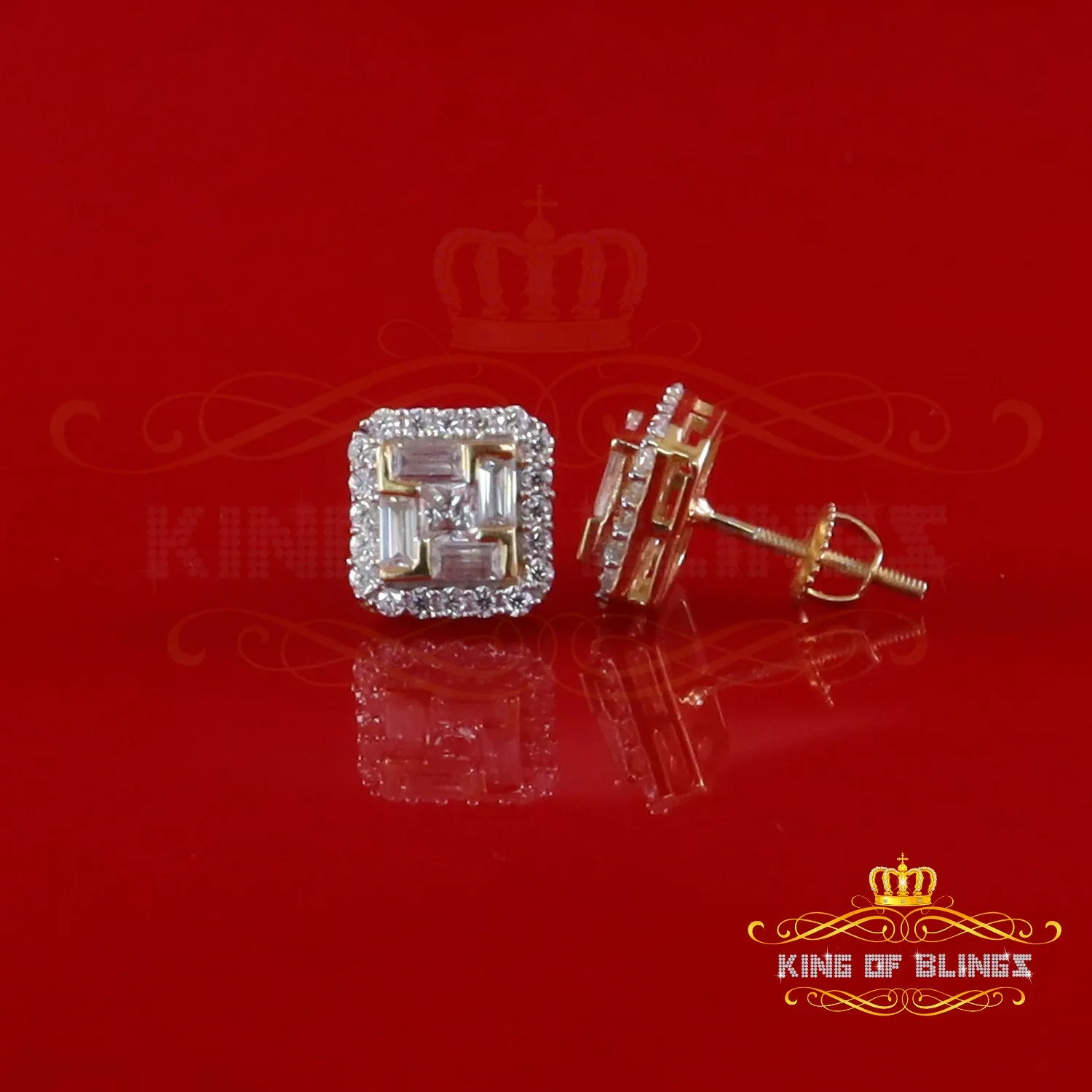 King  of Bling's 1.25ct VVS 'D' Moissanite Men's/Women's 925 Silver Yellow Square Stud Earrings