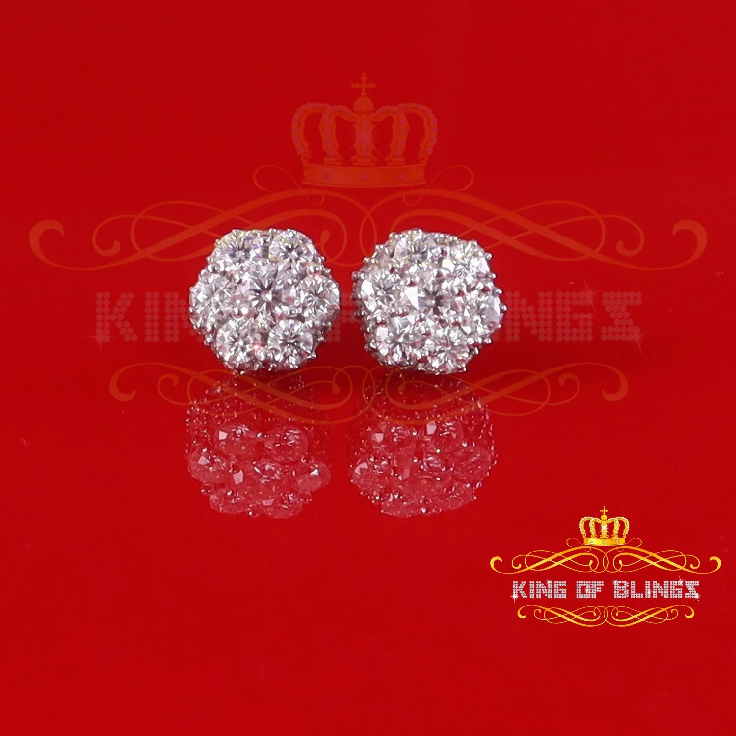 King of Bling's 925 Silver White 1.50ct VVS 'D' Men's & Womens Moissanite Floral Stud Earrings