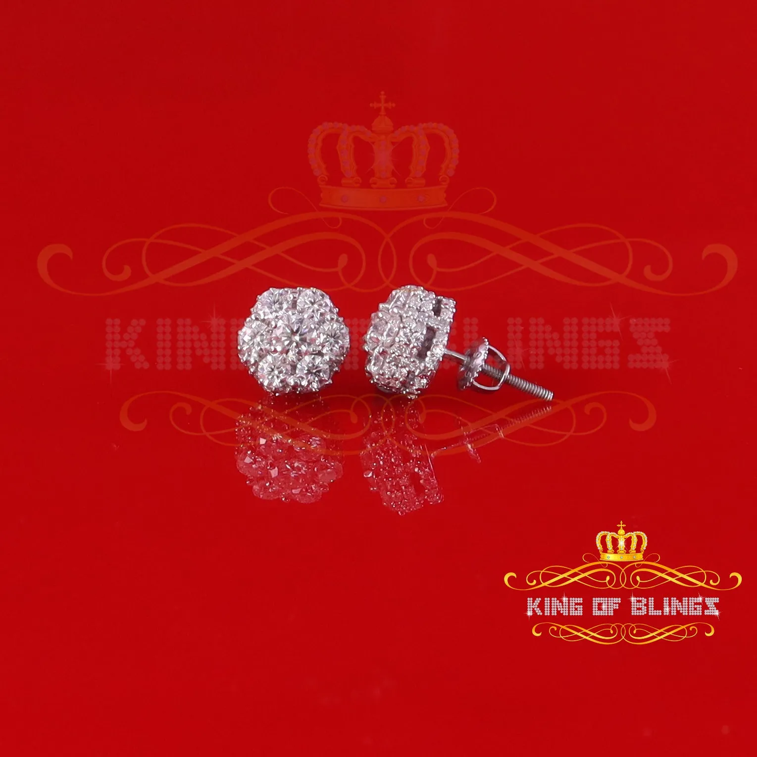 King of Bling's 925 Silver White 1.50ct VVS 'D' Men's & Womens Moissanite Floral Stud Earrings