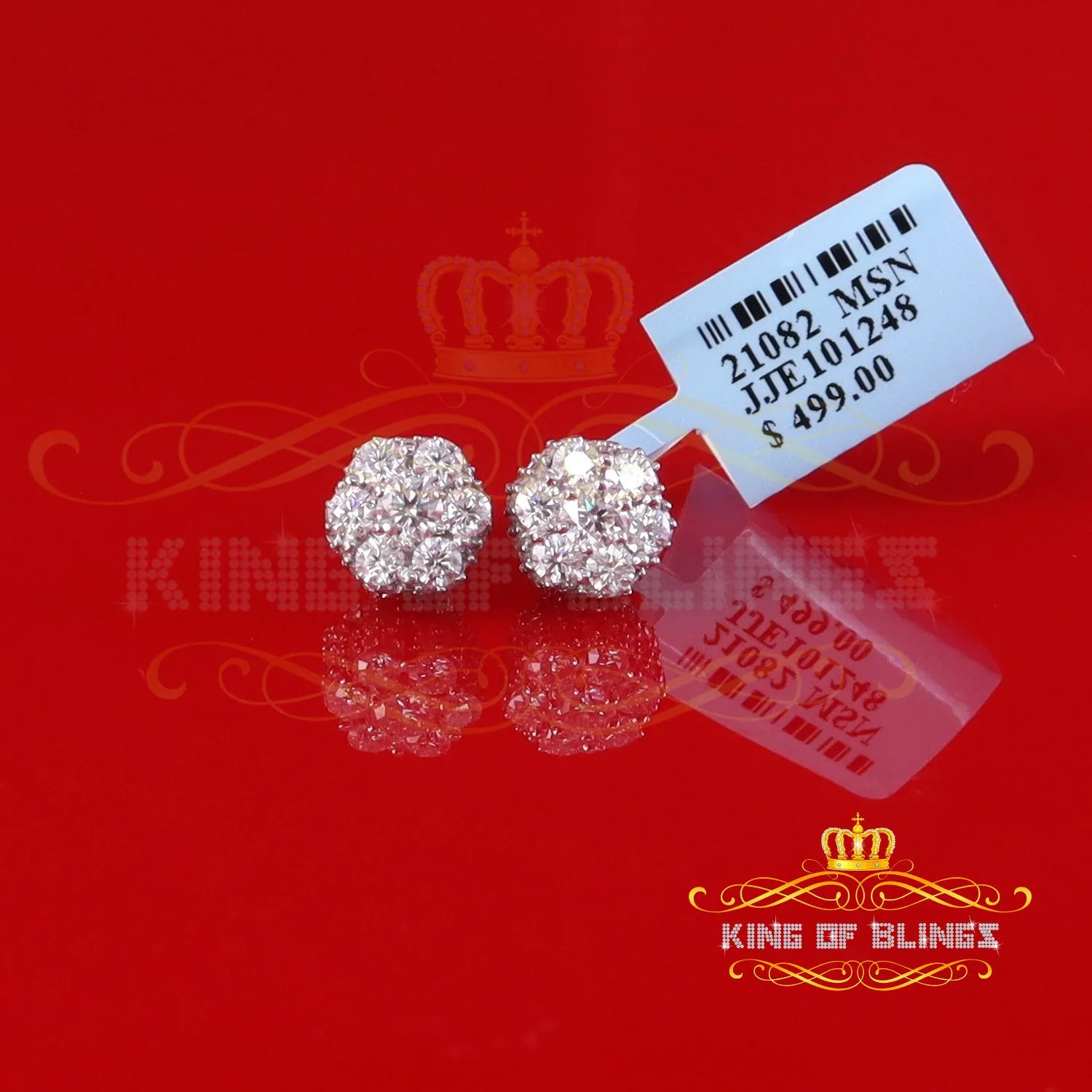 King of Bling's 925 Silver White 1.50ct VVS 'D' Men's & Womens Moissanite Floral Stud Earrings