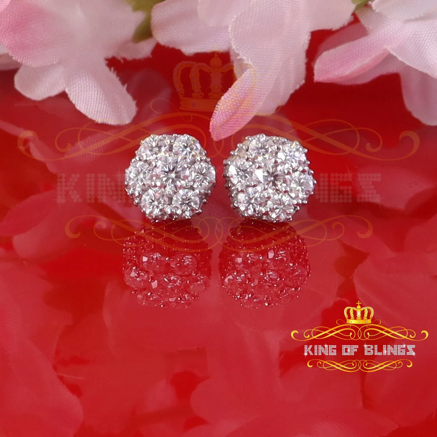 King of Bling's 925 Silver White 1.50ct VVS 'D' Men's & Womens Moissanite Floral Stud Earrings