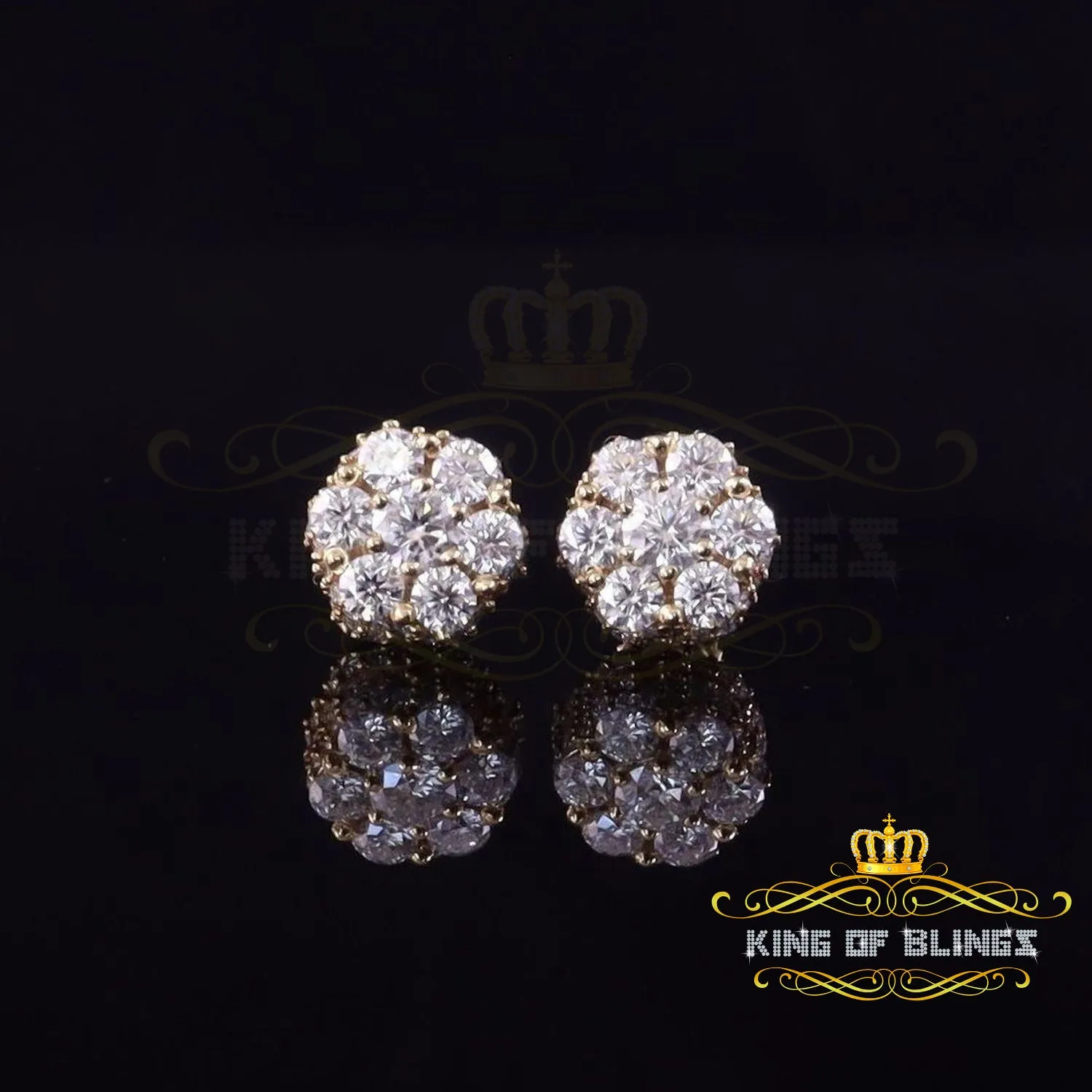 King  of Bling's 925 Silver Yellow 1.50ct VVS 'D' Men's & Womens Moissanite Floral Stud Earrings