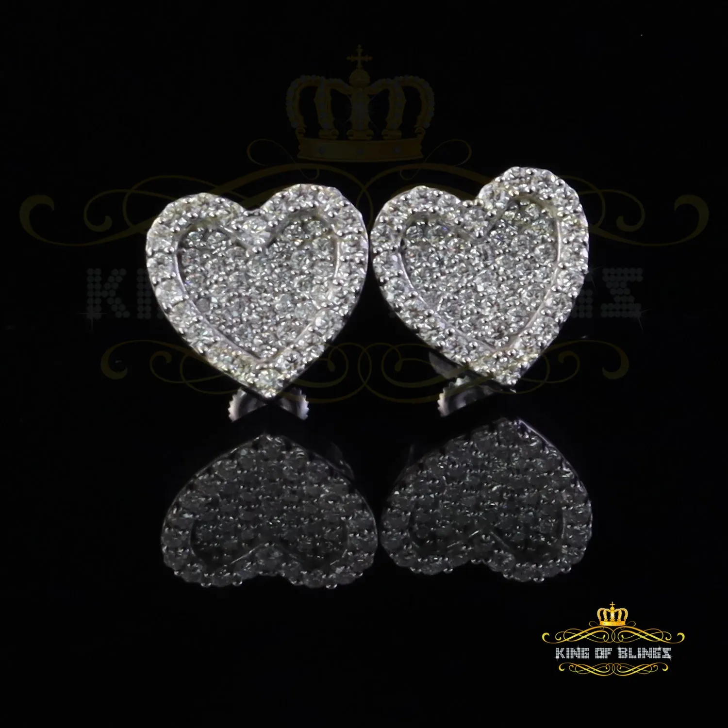 King of Bling's 925 White Silver 1.00ct VVS 'D' Moissanite Heart Stud Earring Men's/Womens