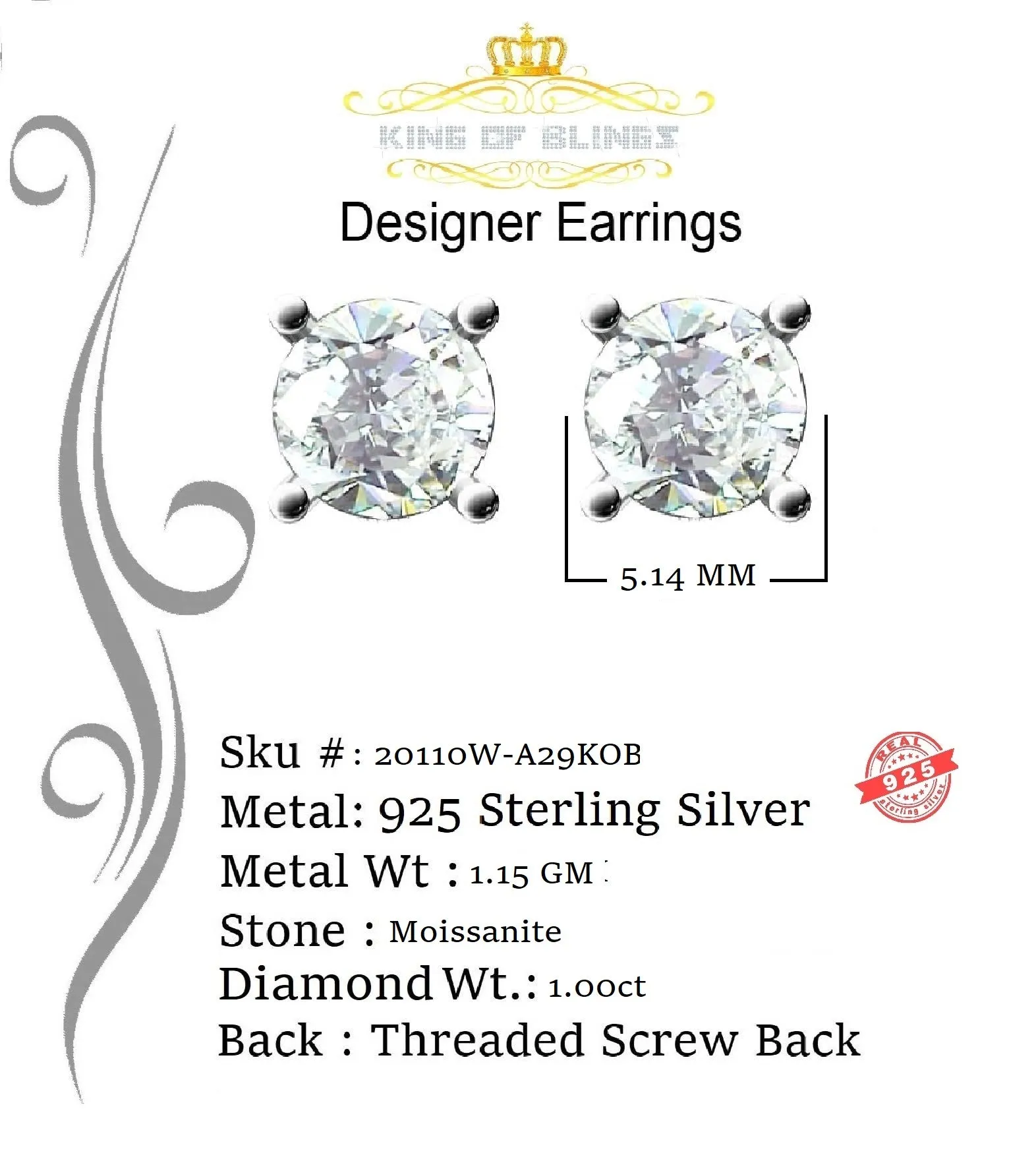 King of Bling's Men & Women Stud White 925 Silver 1.00ct VVS 'D' Moissanite Stud Stud Earrings