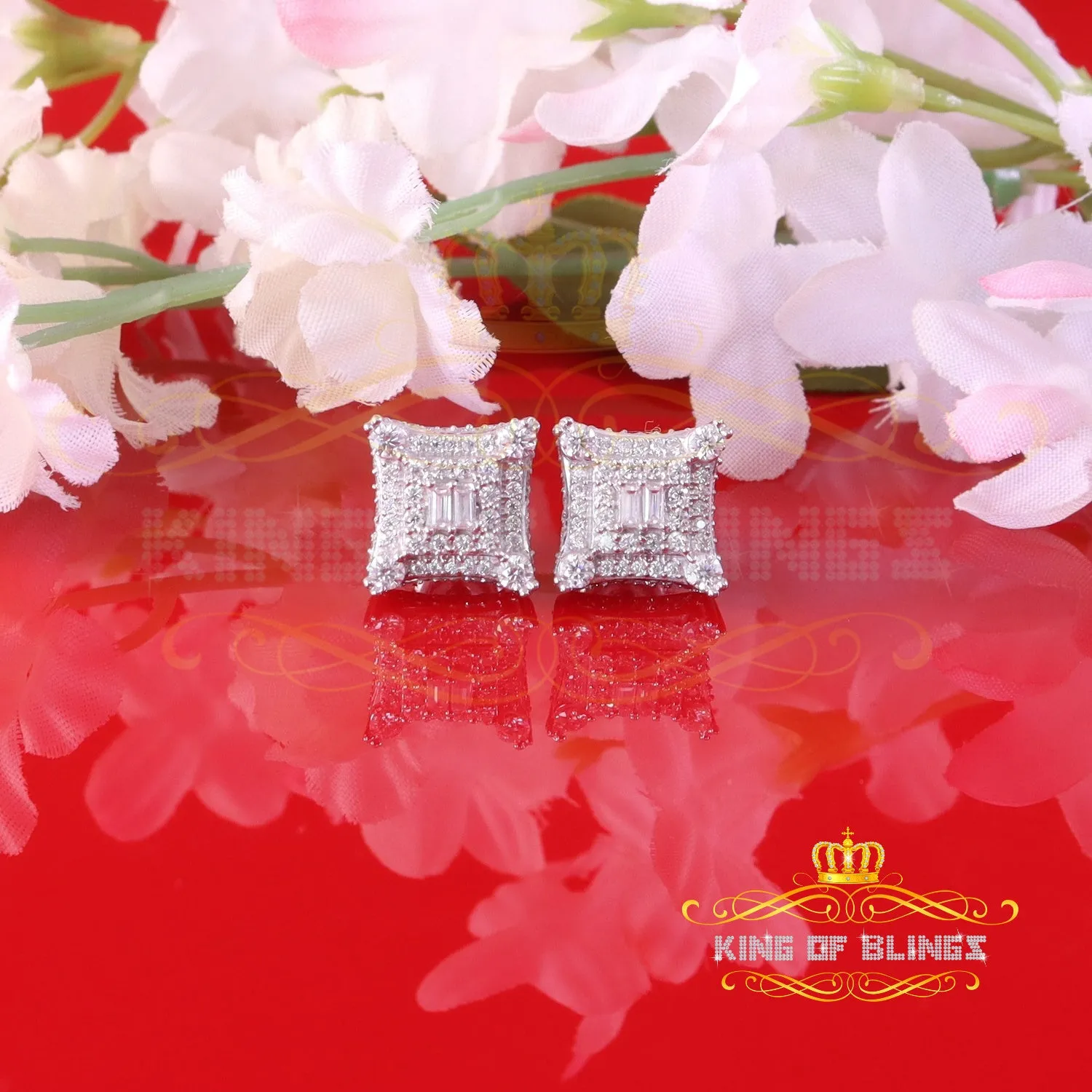 King of Bling's Men's/Womens 925 Silver White 1.25ct VVS 'D' Moissanite Square Stud Earrings