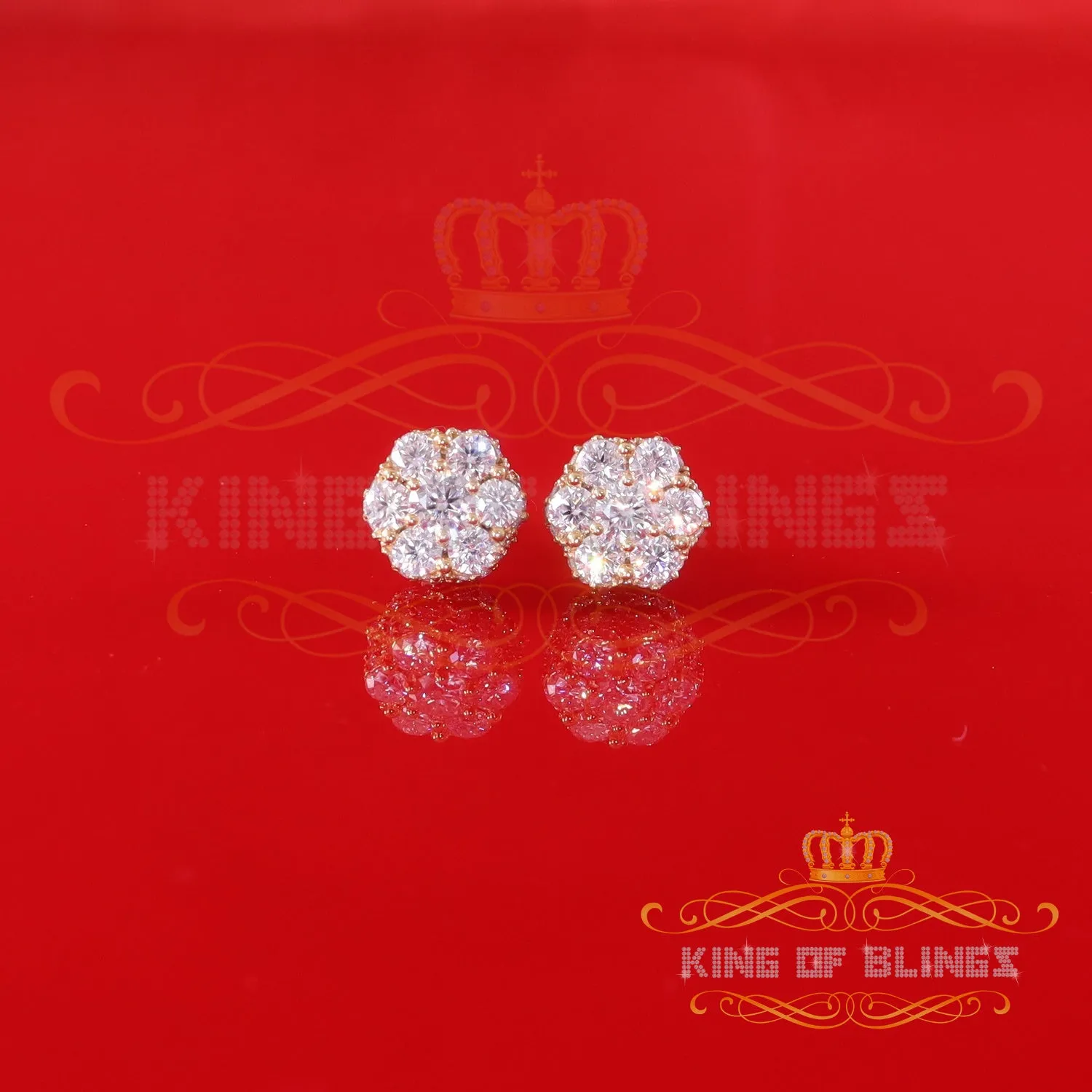 King  of Bling's Men's/Women's 925 Silver Yellow 2.00ct VVS 'D' Moissanite 7 Floral Stud Earrings