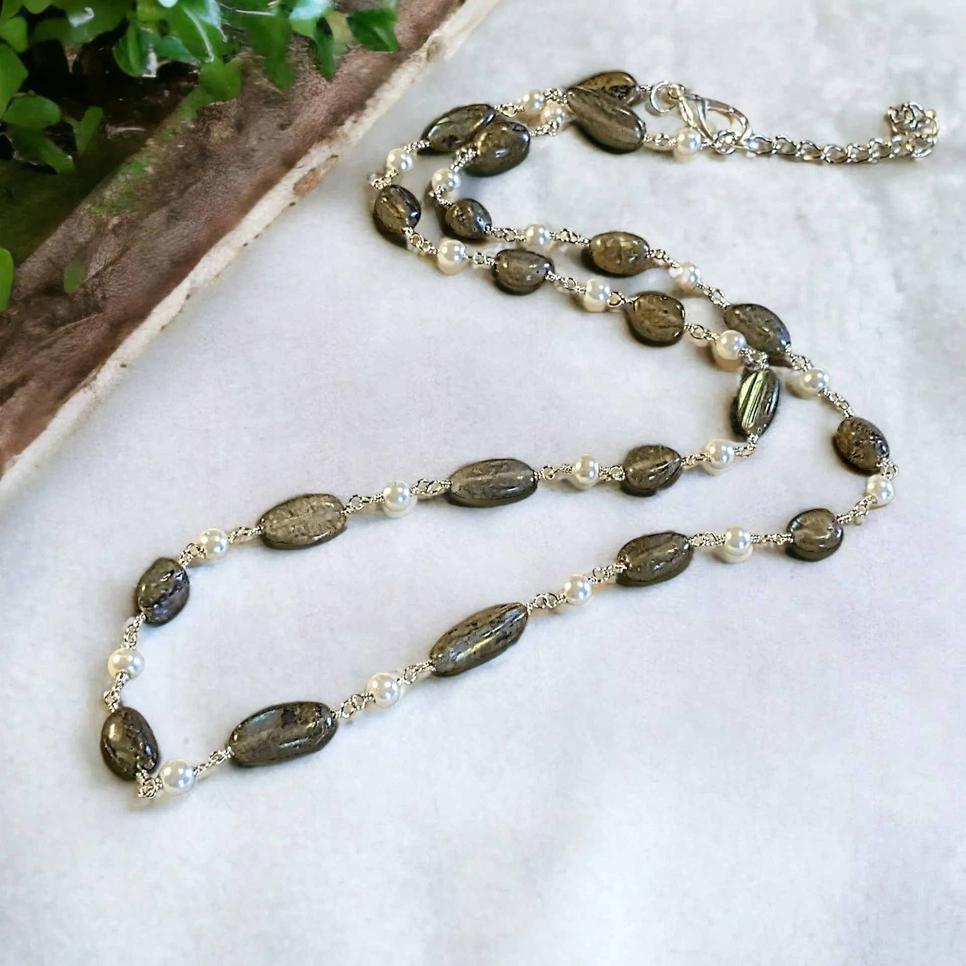 Labradorite Oval Bead and Pearl Necklace, 20 inch