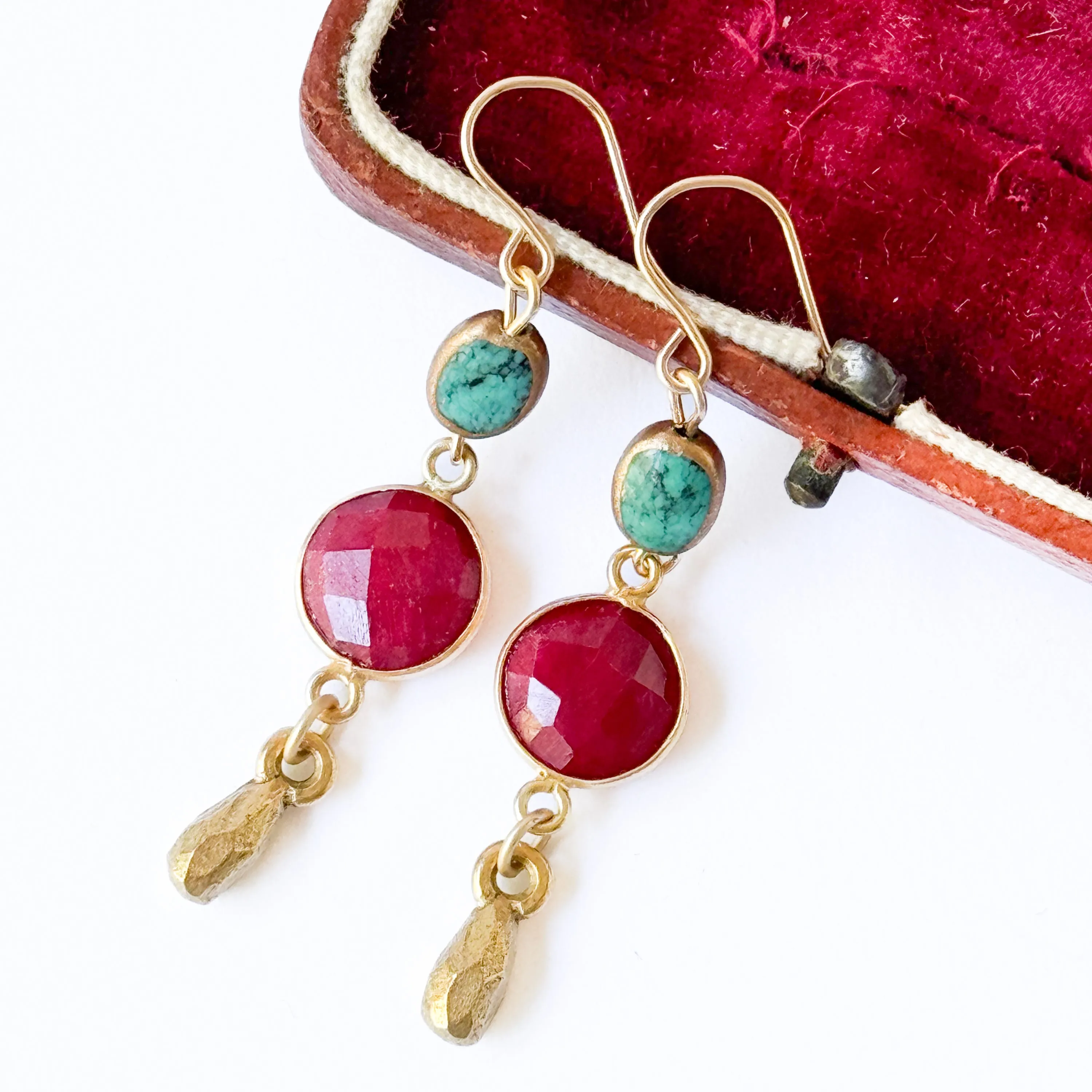 Long Ruby and Turquoise Gemstone Earrings - WS