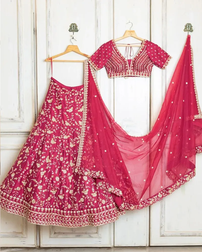 Malai Satin Silk Magenta Lehenga Choli Dupatta Set - Sequenced Zari Dori Embroidery