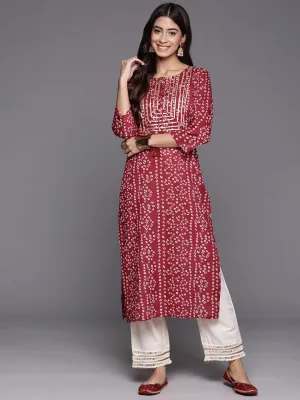 Maroon Bandhani Printed Rond Neck Gota Embellised Straight Kurta