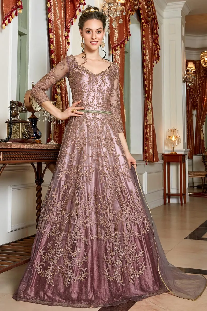 Mauve Color Net Embroidered Anarkali Suit