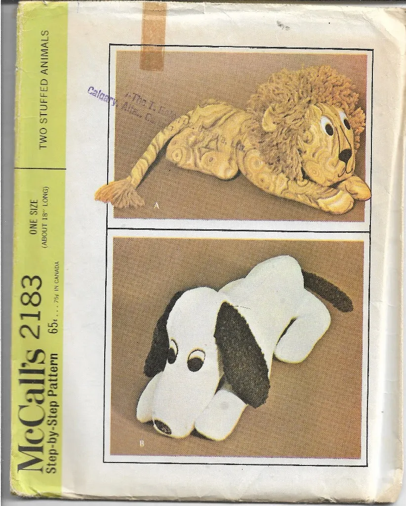 McCalls 2183 Vintage Sewing Craft Pattern 1960s Lion Dog Stuffed