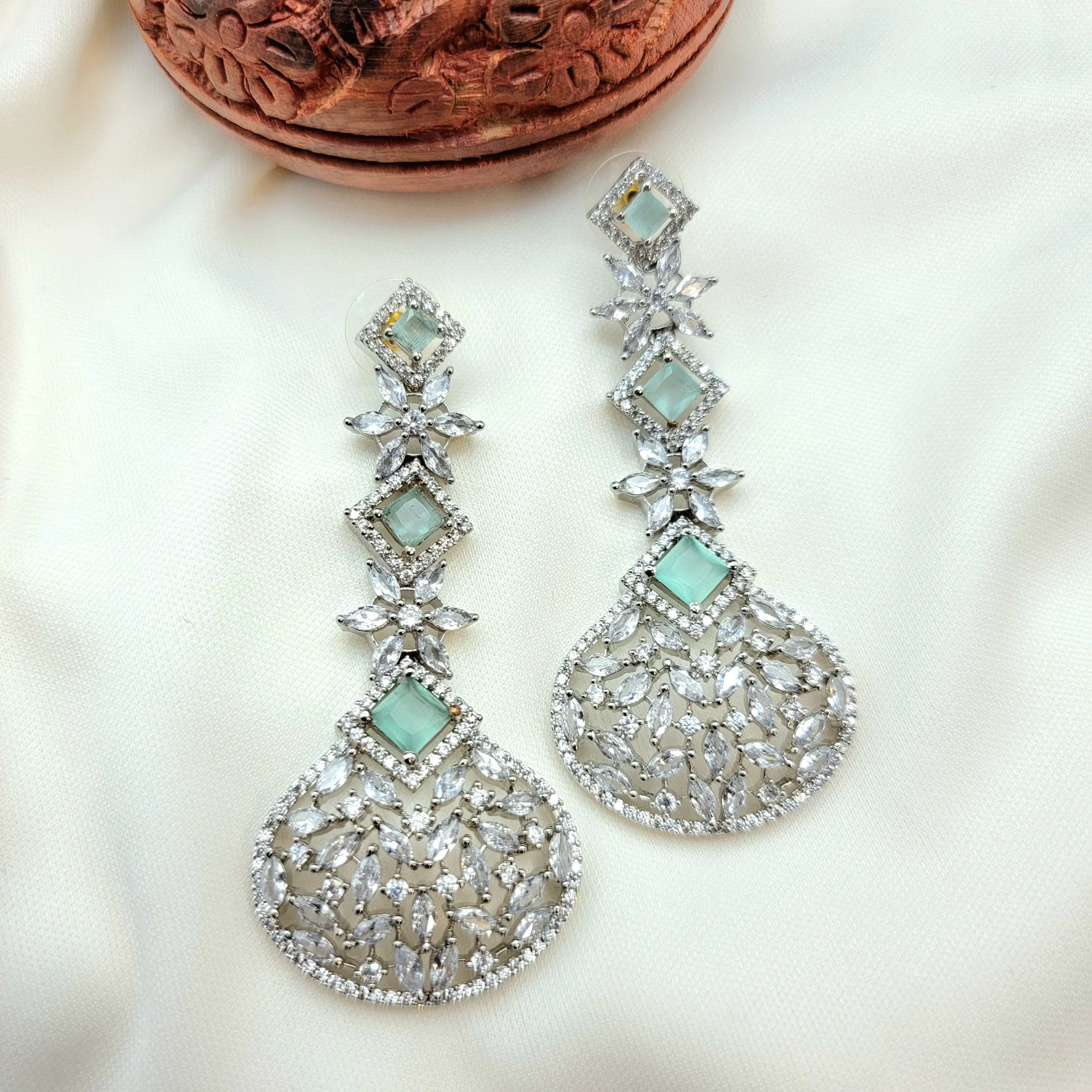 Mint Green White AD Zircon(CZ) Long Earring