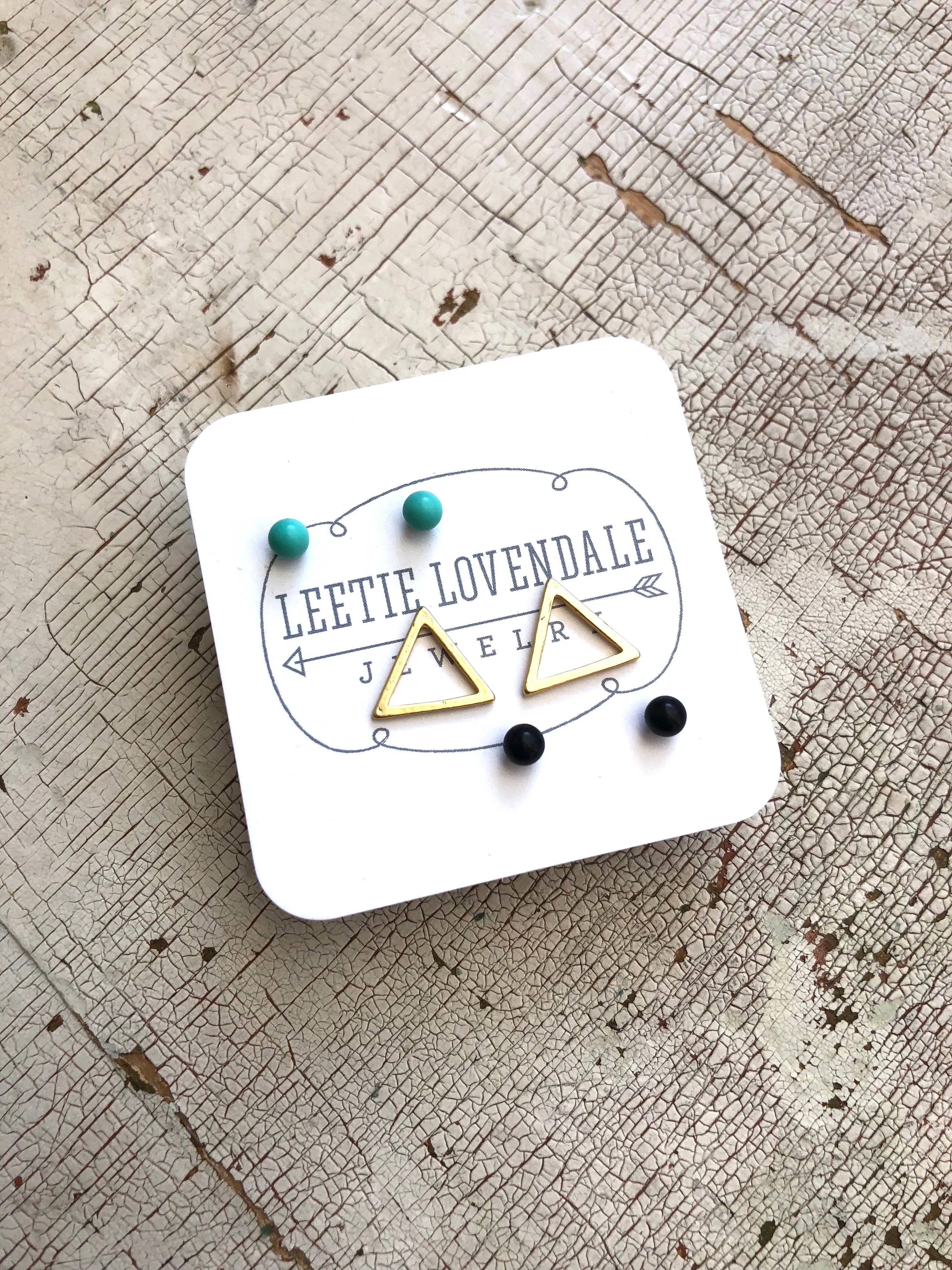 Mint Jet Black & Frosted Gold Triangle Tiny Geo Stud Earrings