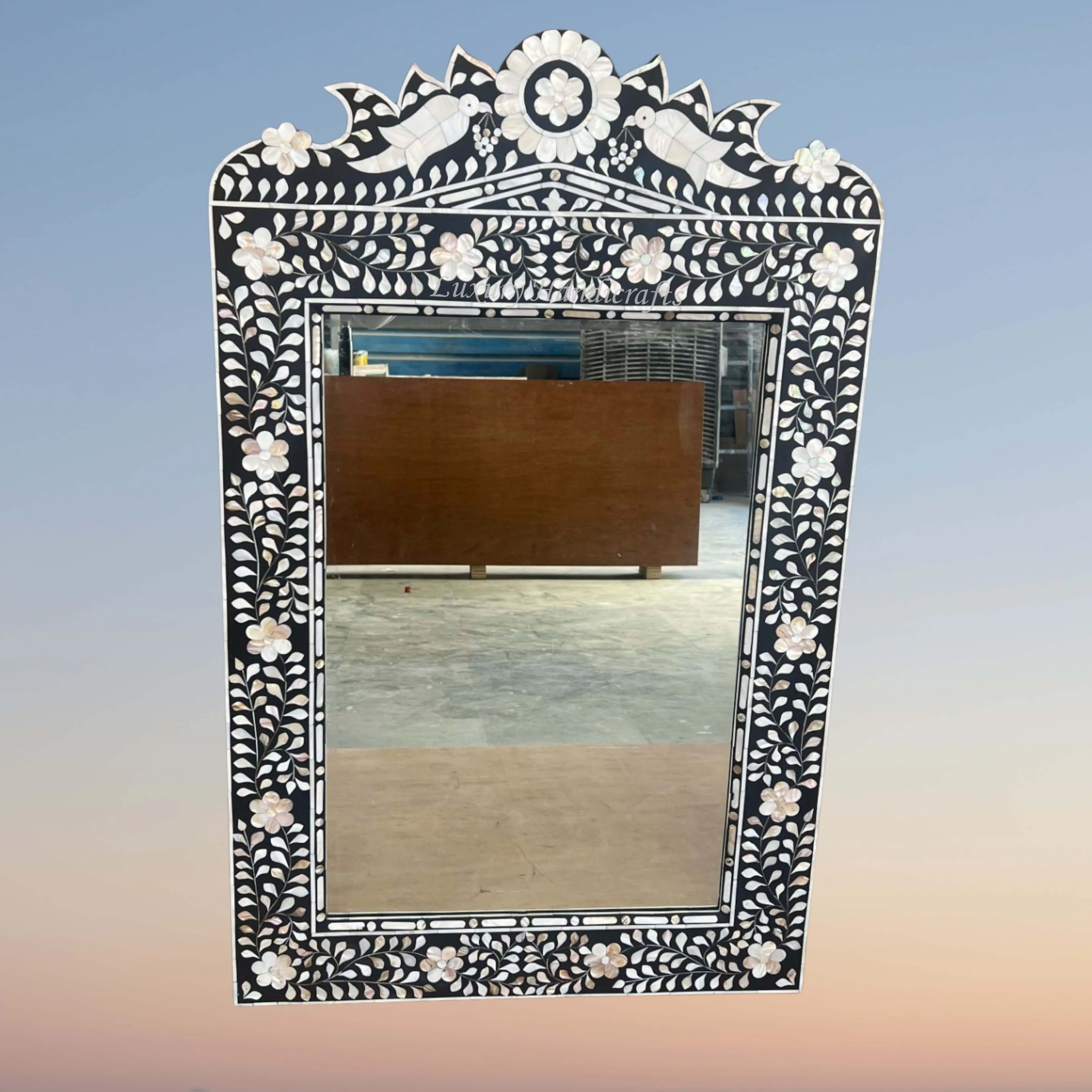 Mother of Pearl Inlaid Parrot Mirror Black