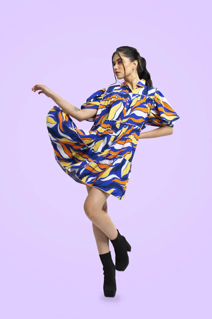 Multicolor Printed Cotton Balloon Shirt Dress